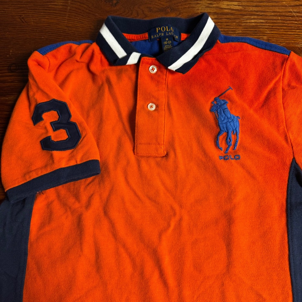Polo Ralph Lauren Boys Orange‎ Blue Big Pony Colorblock Polo Shirt Size M 10-12